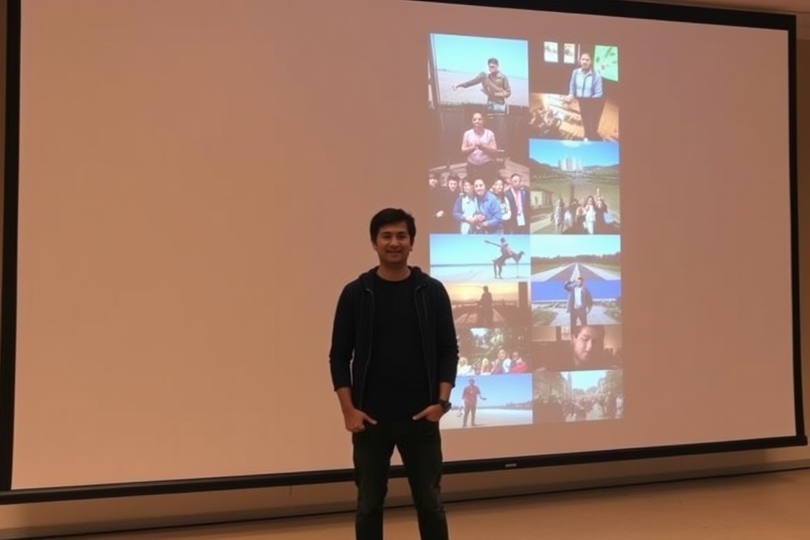 A person stands confidently in front of a large screen displaying colorful slides.