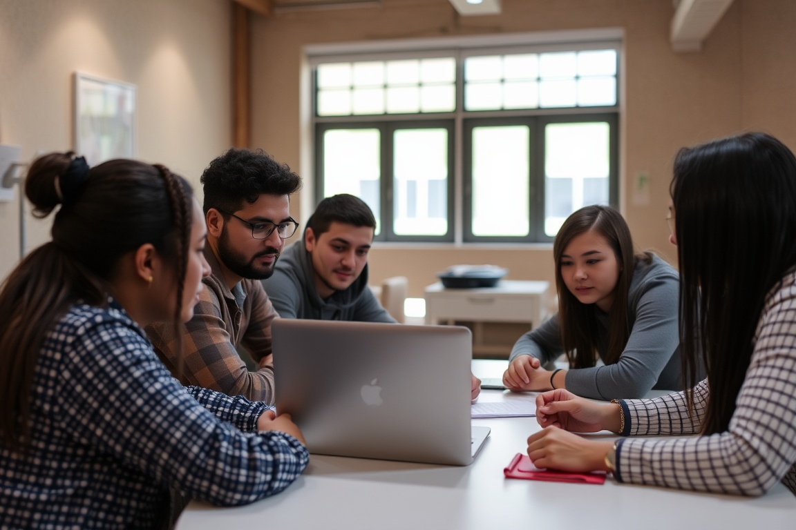 A group of people sit around a table, looking at a laptop.