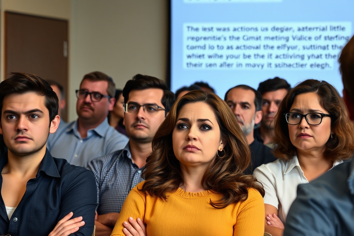 A group of people frowning at a presentation with too much text.