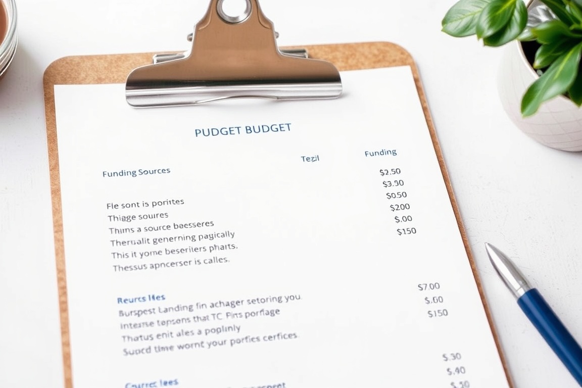 A clipboard with a detailed budget plan and funding sources listed.