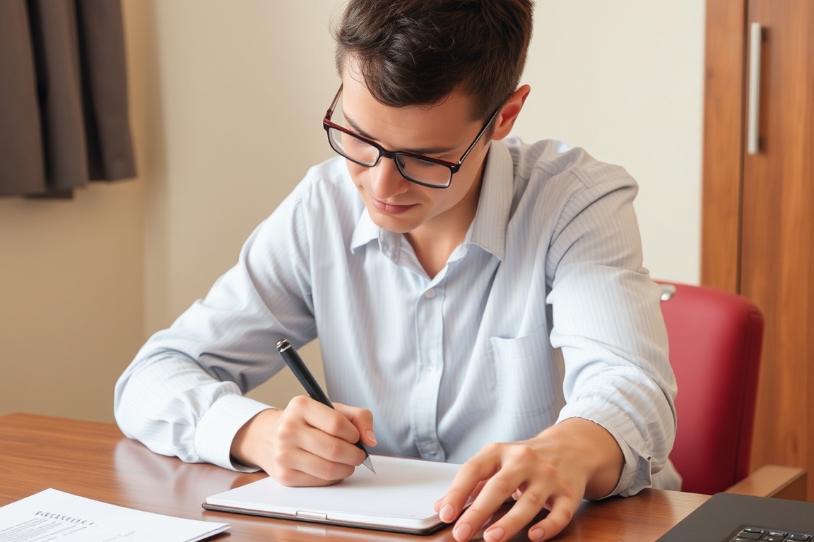 A person sits at a desk, writing on a notepad with a focused expression.