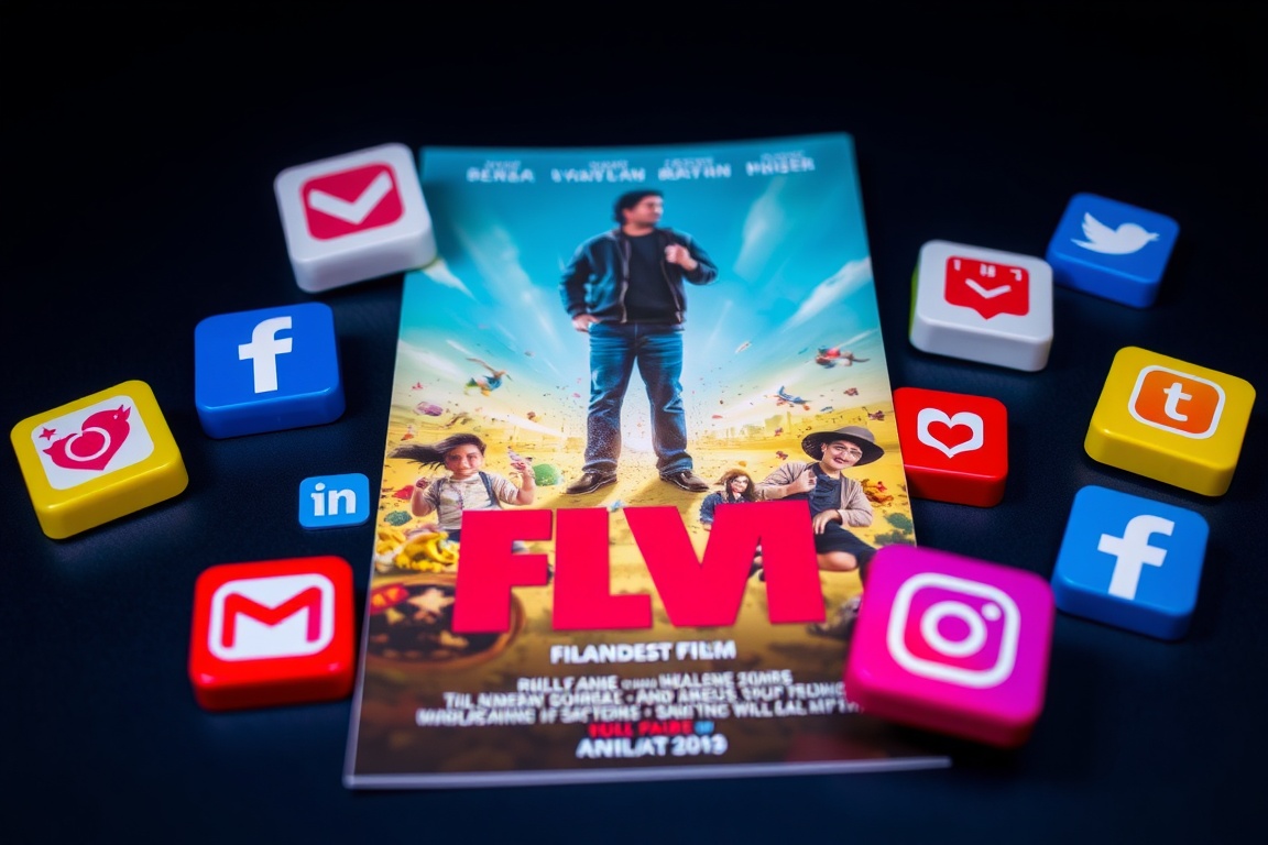 A colorful poster of a film with social media icons around it.
