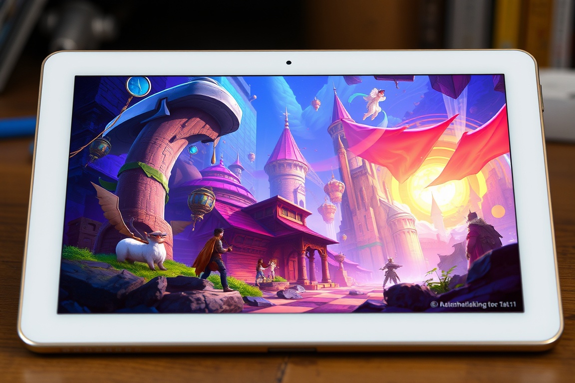 A digital tablet displaying vibrant concept art for a fantasy scene.