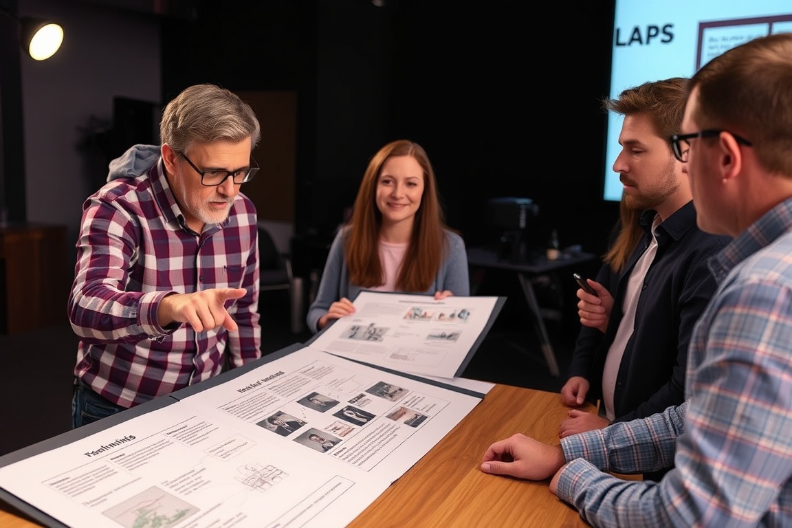 A director pointing at a storyboard while discussing ideas with a team.