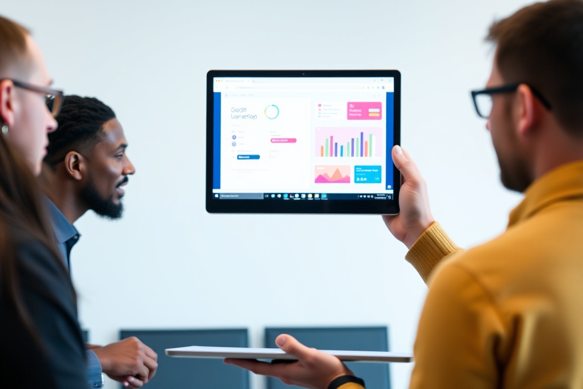 A man holds a laptop, showing a colorful presentation to the team.