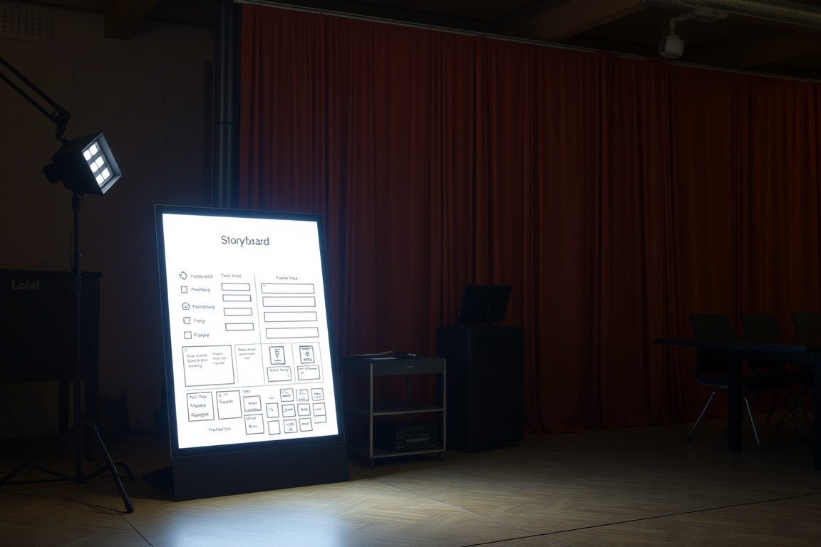A bright light illuminating a storyboard next to the pitch deck.